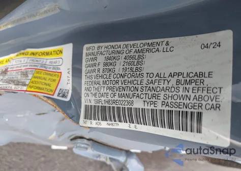 2024 Honda Civic Sport Touring из США, поврежденный, VIN 19XFL1H83RE022368